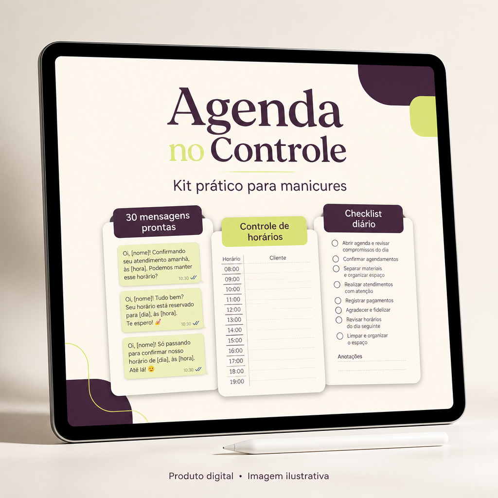 Mockup do kit digital Agenda no Controle com tablet e páginas de mensagens, controle de horários e checklist